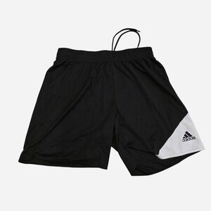 Adidas black shorts with white panel on the lower right leg, size L
